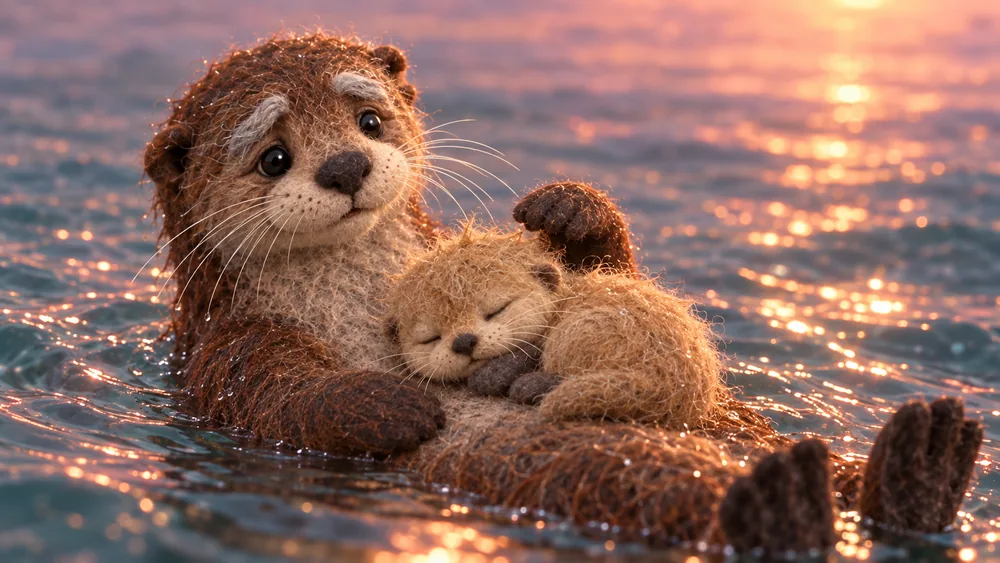 First frame: the old otter's paw hovers over the sleeping pup