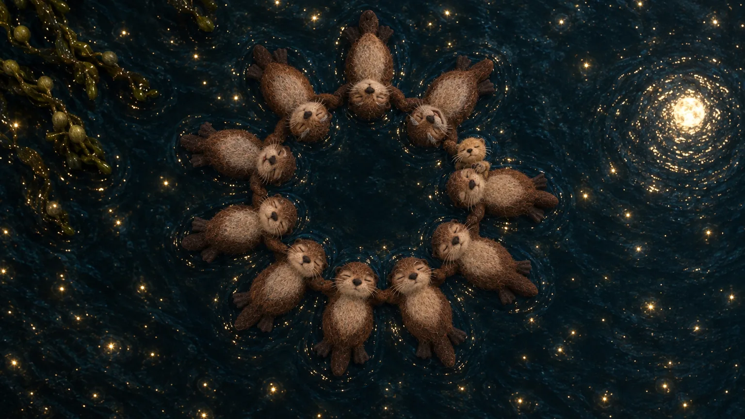 Final frame: a ring of felt otters holding paws on a sea of star reflections