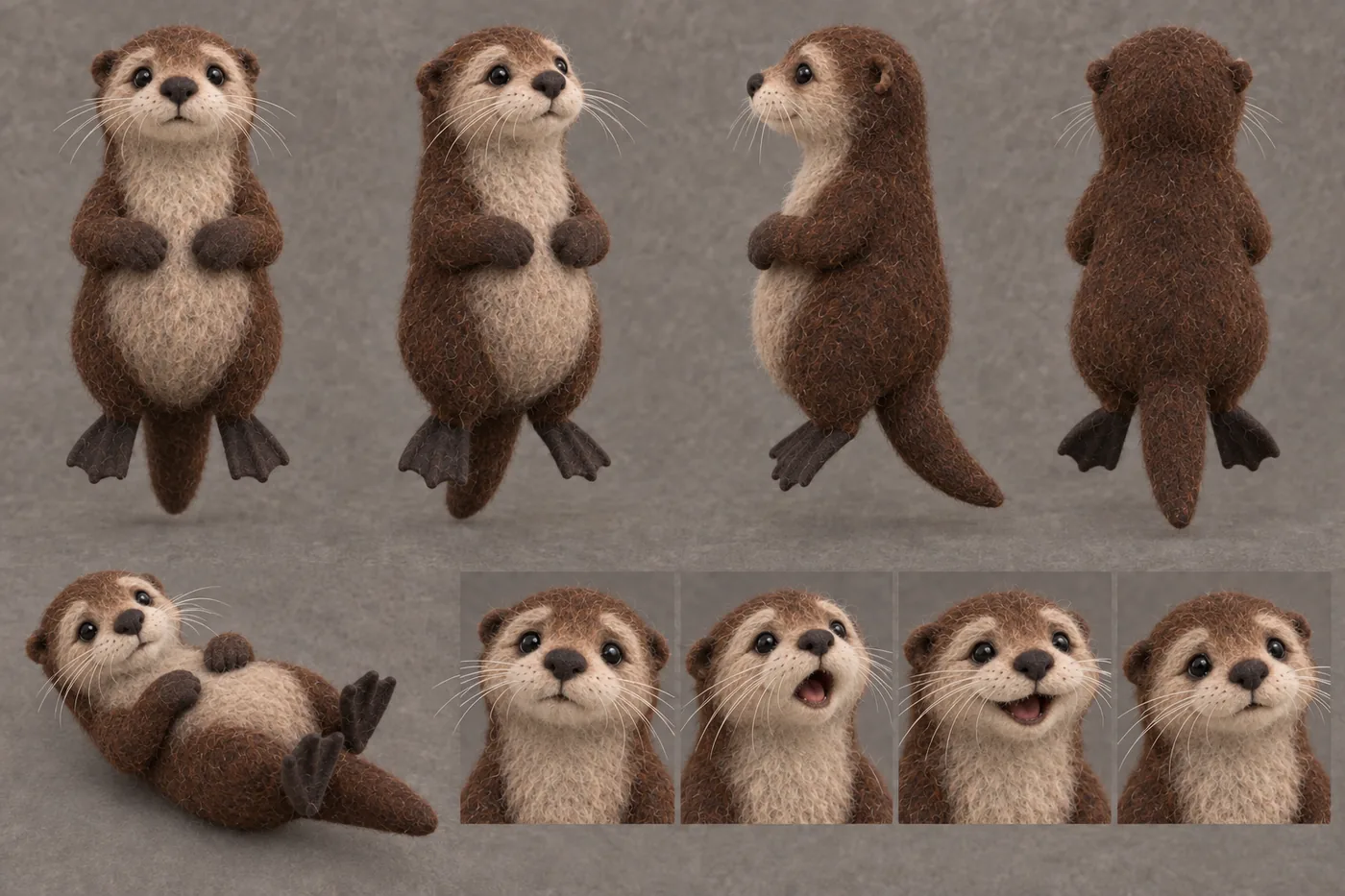 Reference sheet of the mother otter: sleek dark chocolate felt, cream face