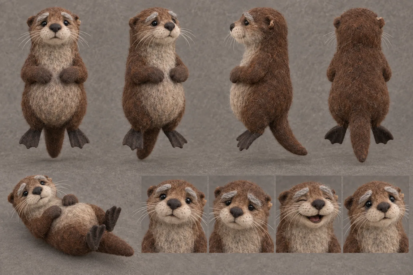 Reference sheet of the old otter: chestnut felt, cream-grey muzzle, bushy grey eyebrows