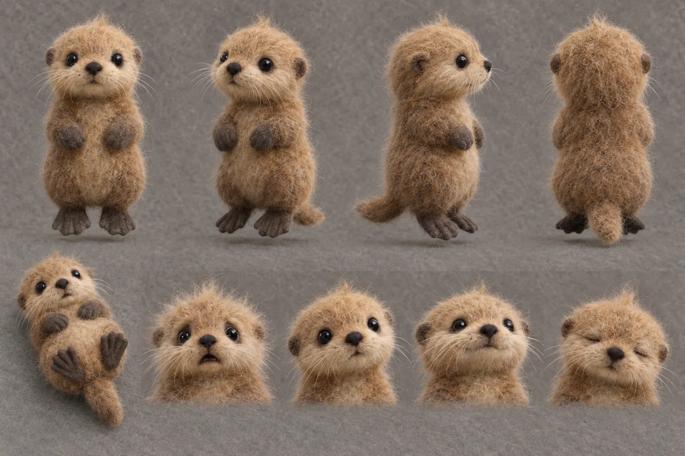 Reference sheet of the pup: fluffy honey-caramel felt with a tuft on its head