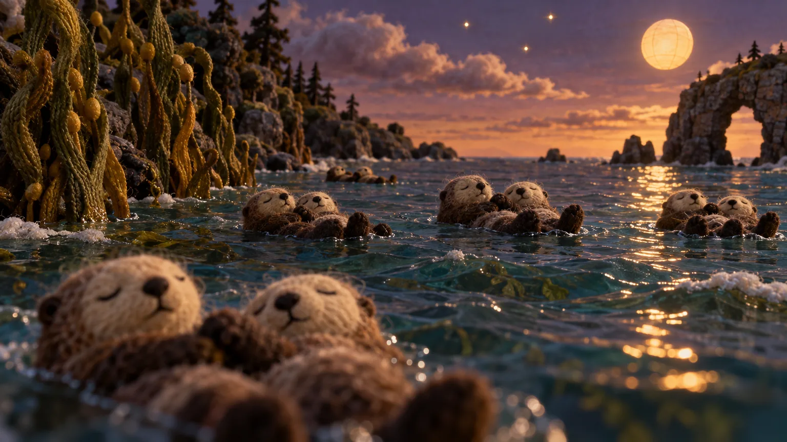 Style frame: felt otter pairs holding paws on a resin sea at dusk, a paper-lantern moon, knitted kelp
