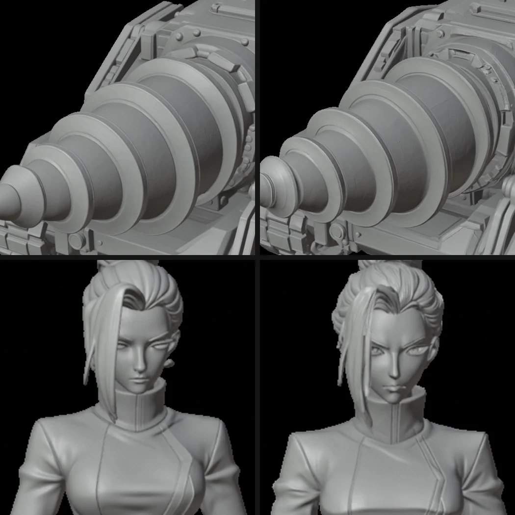 Clay close-ups: Hitem3D Quality on the left, Master on the right, for the drill tractor and the anime character