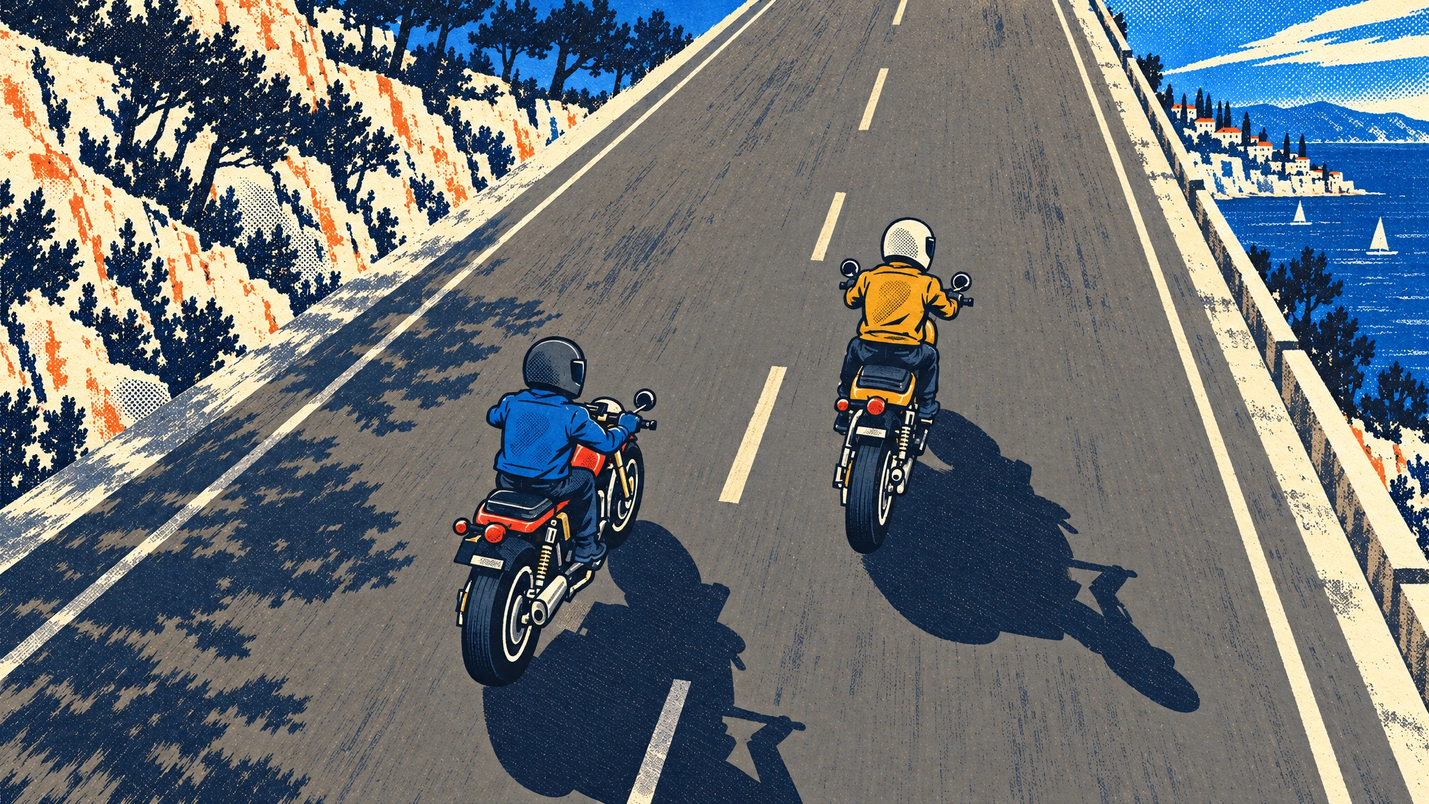 Stylized reference: Across both riders
