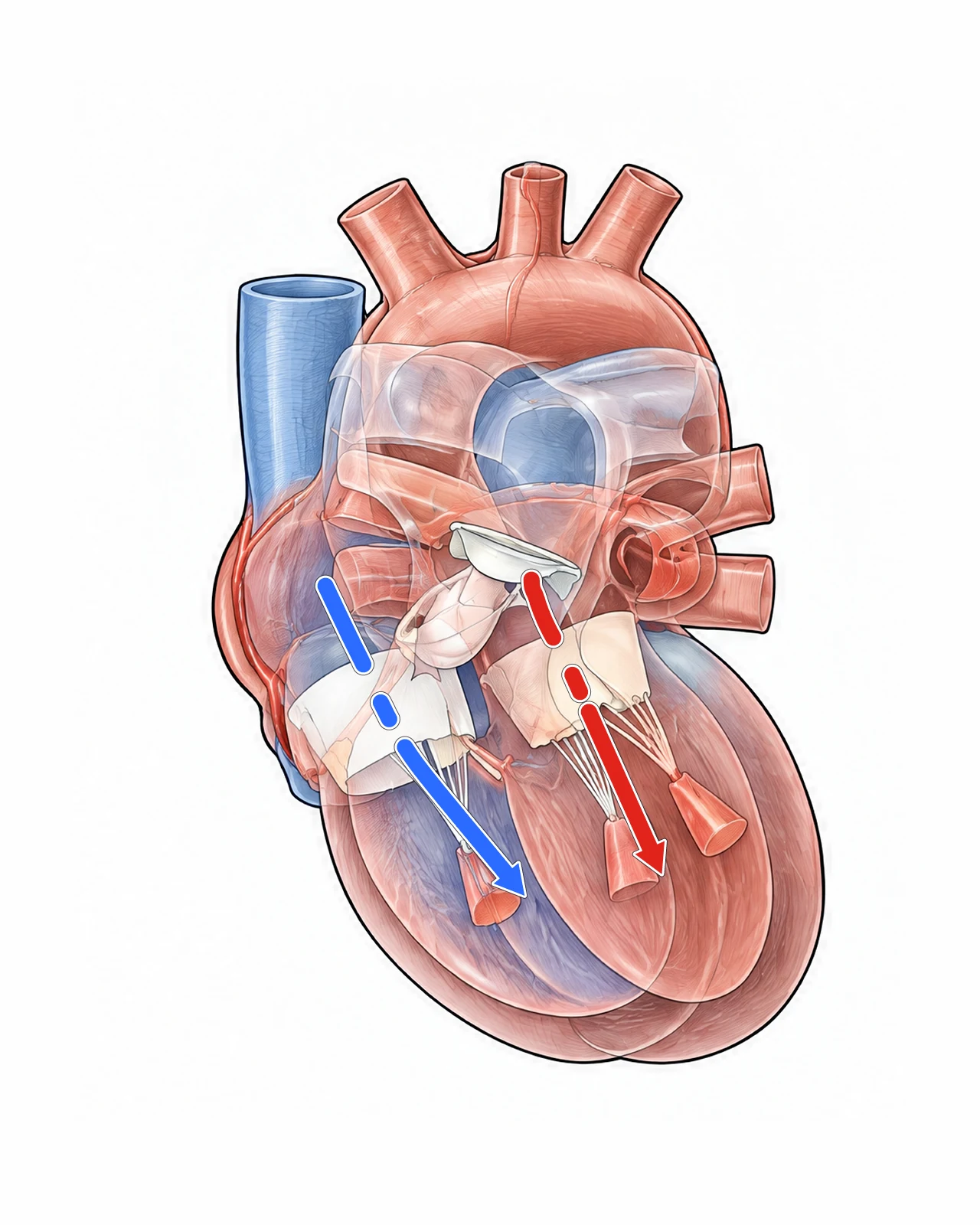 Stage 1, atrial systole: medical plate of the see-through layer with the blood flow overlay