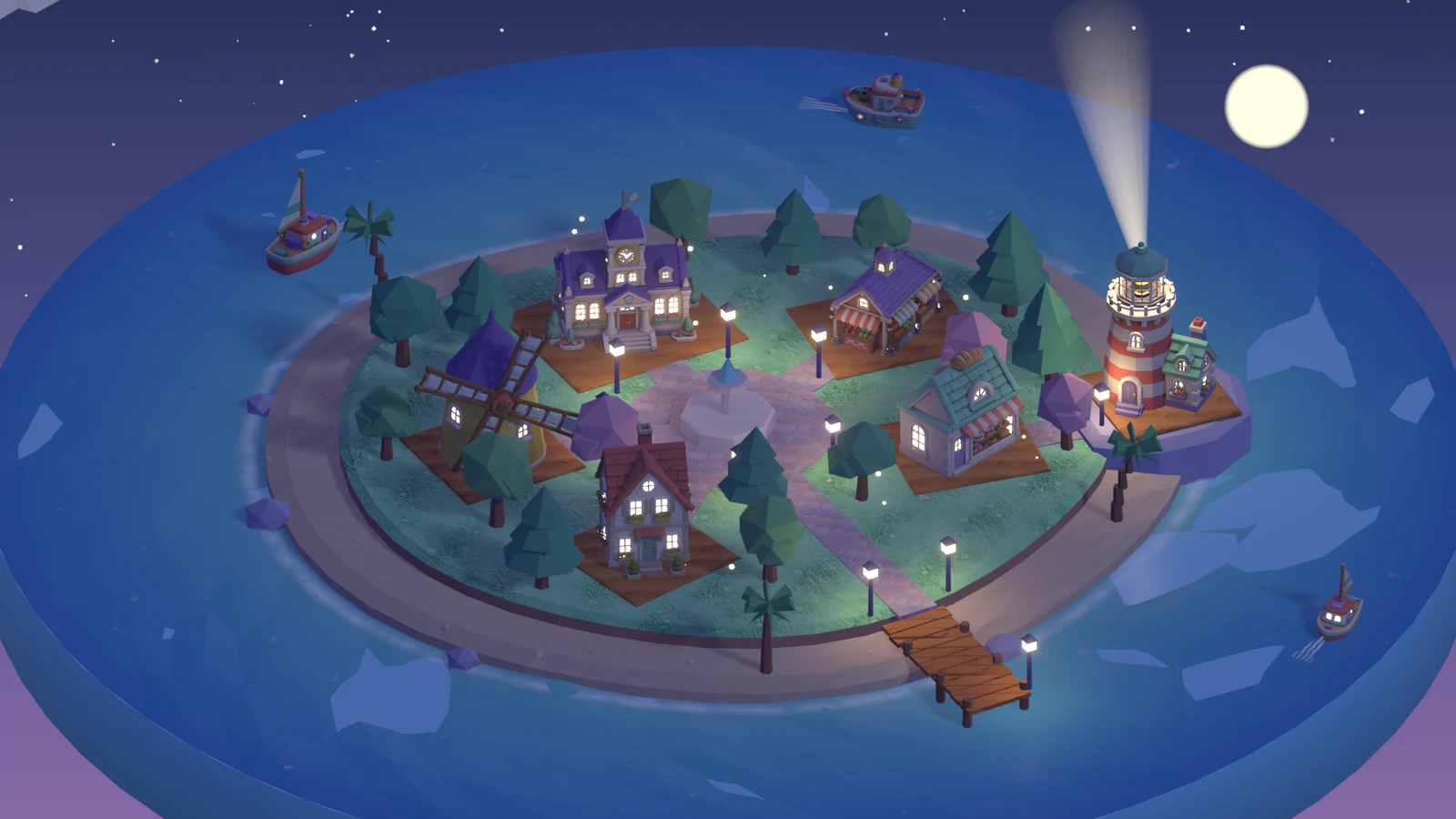 The finished island at night, lighthouse beam sweeping the sea