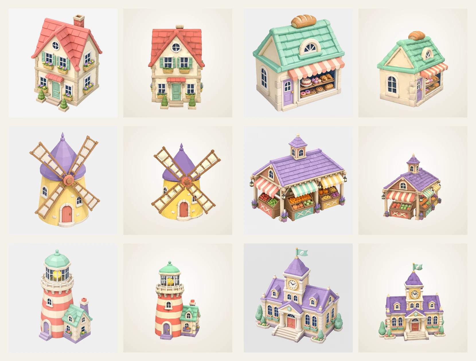 Each building's GPT Image 2 concept beside its Tripo 3.1 model: house, bakery, windmill, market, lighthouse and town hall