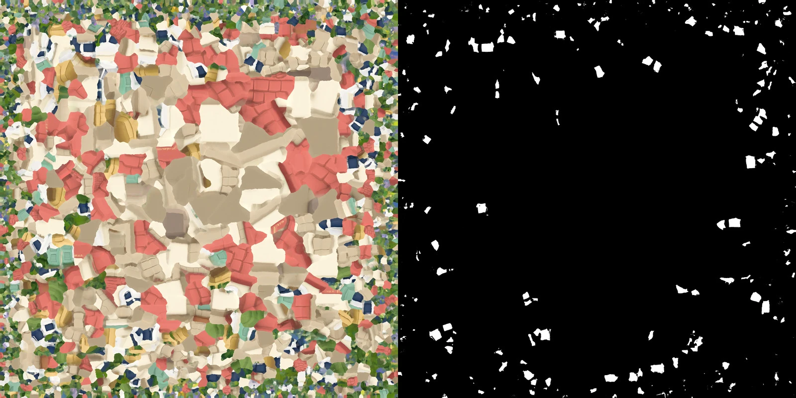 A generated building texture beside the mask of its navy window glass