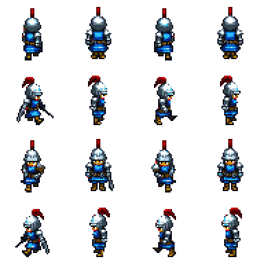 Retro Diffusion knight sheet: back, side, front and side views