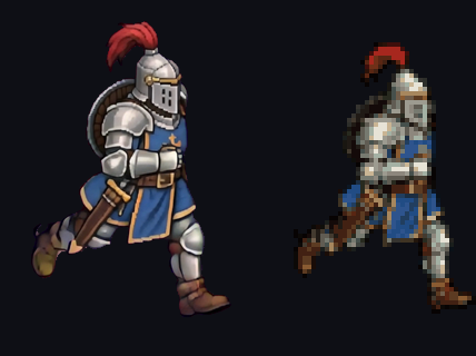 A high-resolution keyed frame next to the final pixel sprite