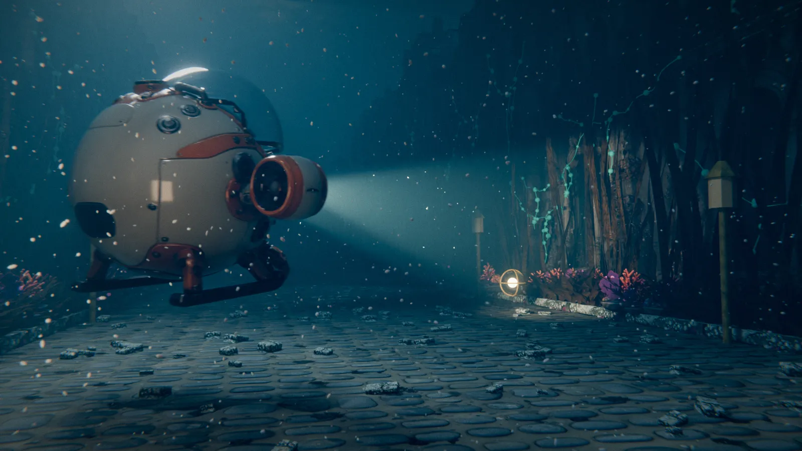 Blender render of shot 1: the submarine's headlight beam cuts a dark drowned street toward a small gold orb