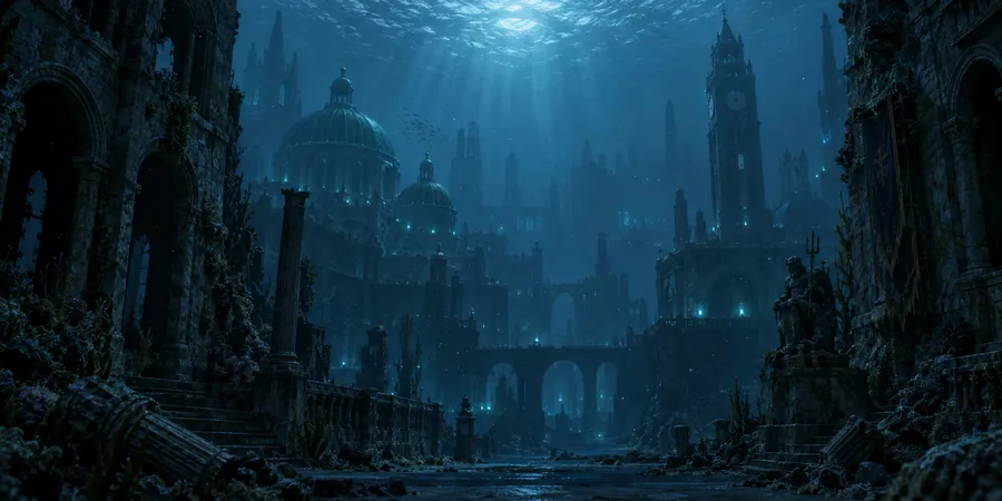 Painted plate of a far drowned skyline under moonlight shafts
