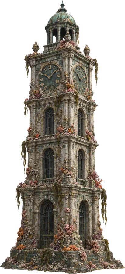 A coral-crusted stone clock tower with a copper cupola, cut out