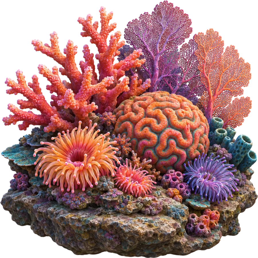 A cluster of pink, orange and violet coral with anemones, cut out