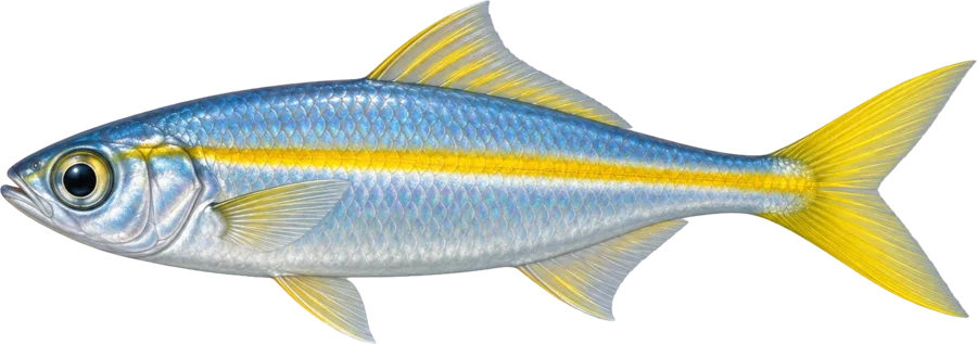 A silver reef fish with a yellow stripe, cut out