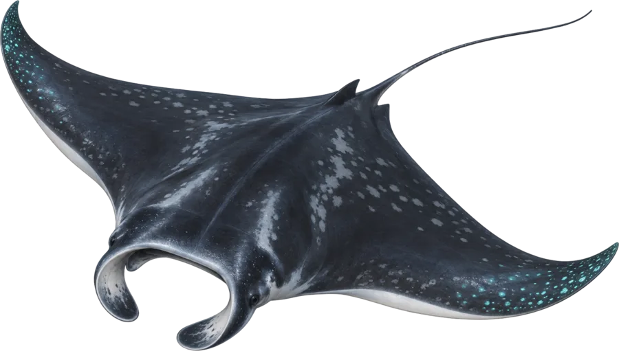 A dark manta ray with pale spots and turquoise speckles, cut out