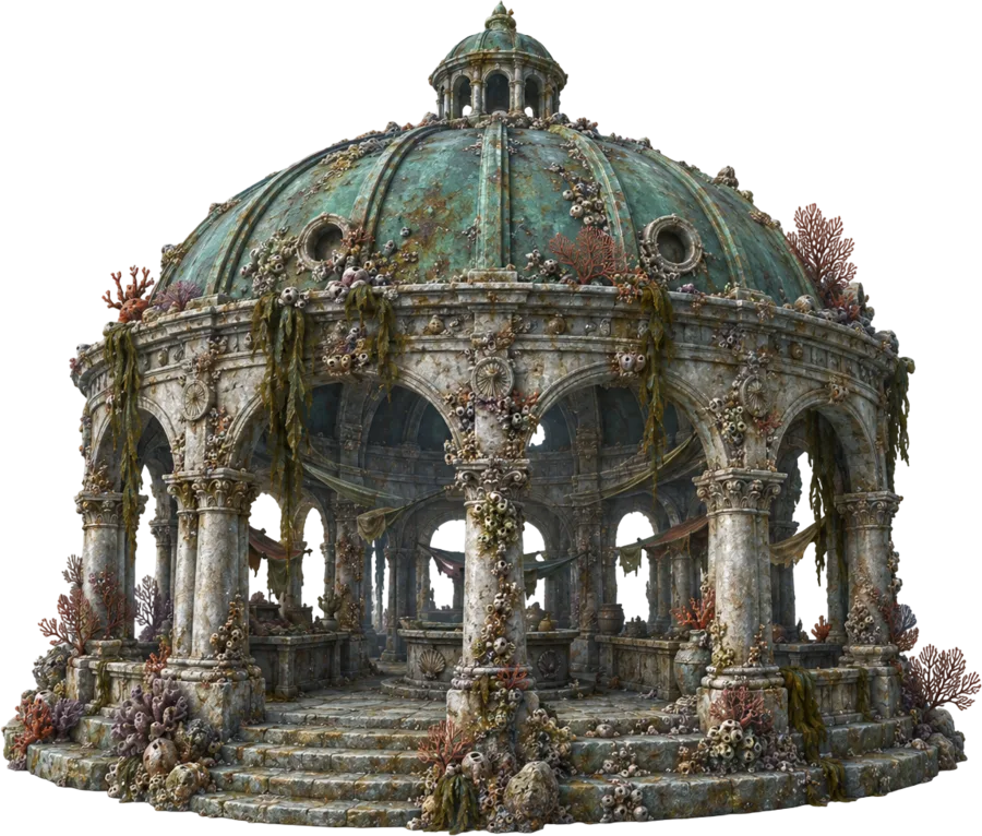 A round colonnaded market hall with a green copper dome, cut out