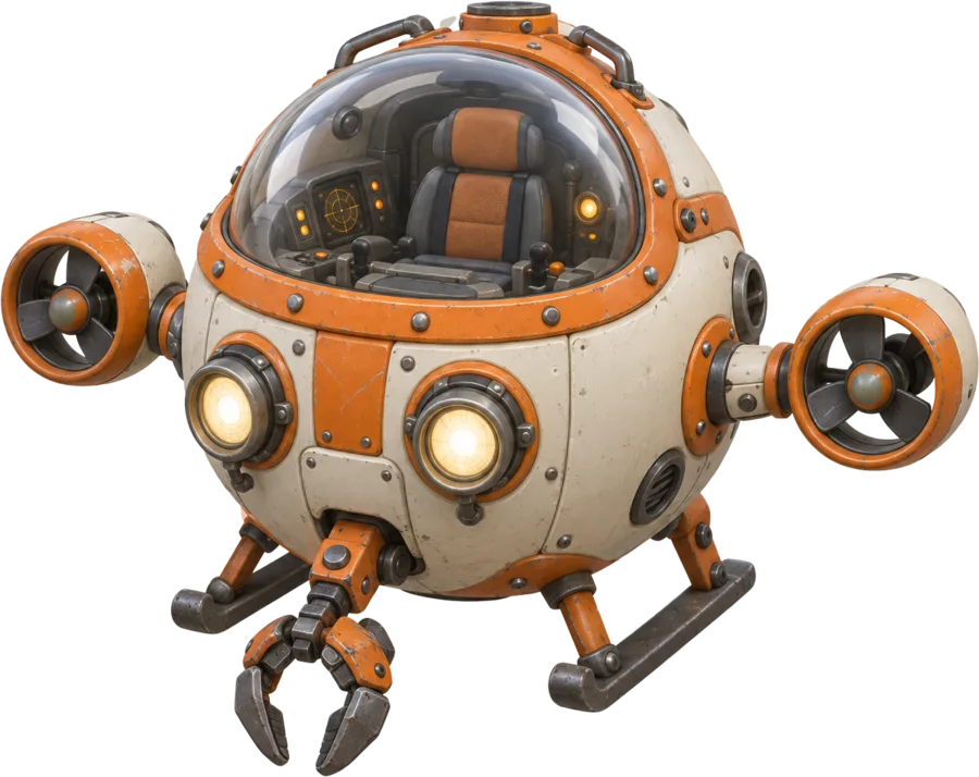 A round cream-white submarine with orange trim, a glass dome, two headlights, side thrusters and a claw, cut out