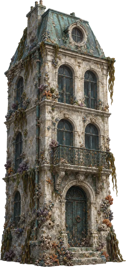 A narrow drowned townhouse with arched windows and a balcony, cut out