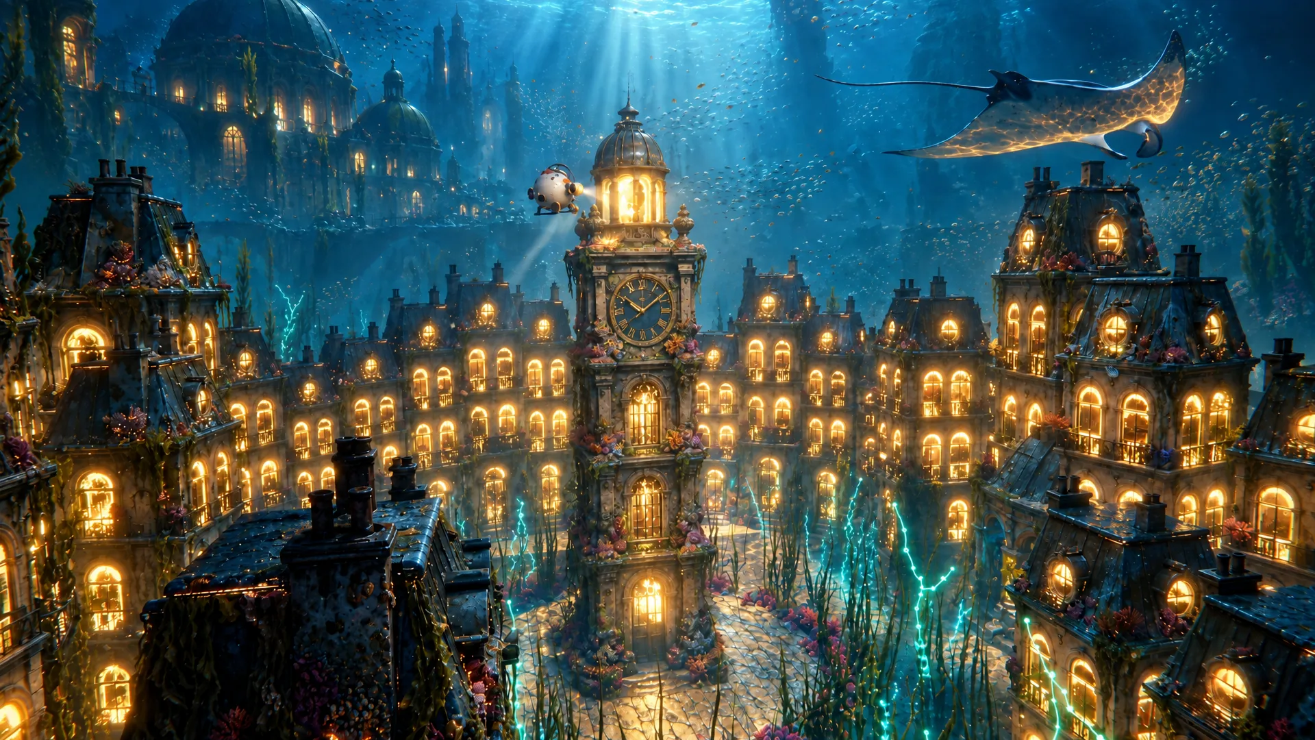 A drowned city at night lit gold and turquoise, a clock tower blazing at its centre and a giant manta ray gliding away to the right
