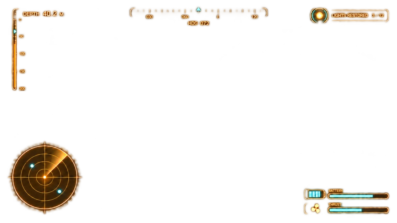 Transparent game HUD with a depth gauge, heading tape, sonar ring, battery bars and a counter reading lights restored 3 of 12