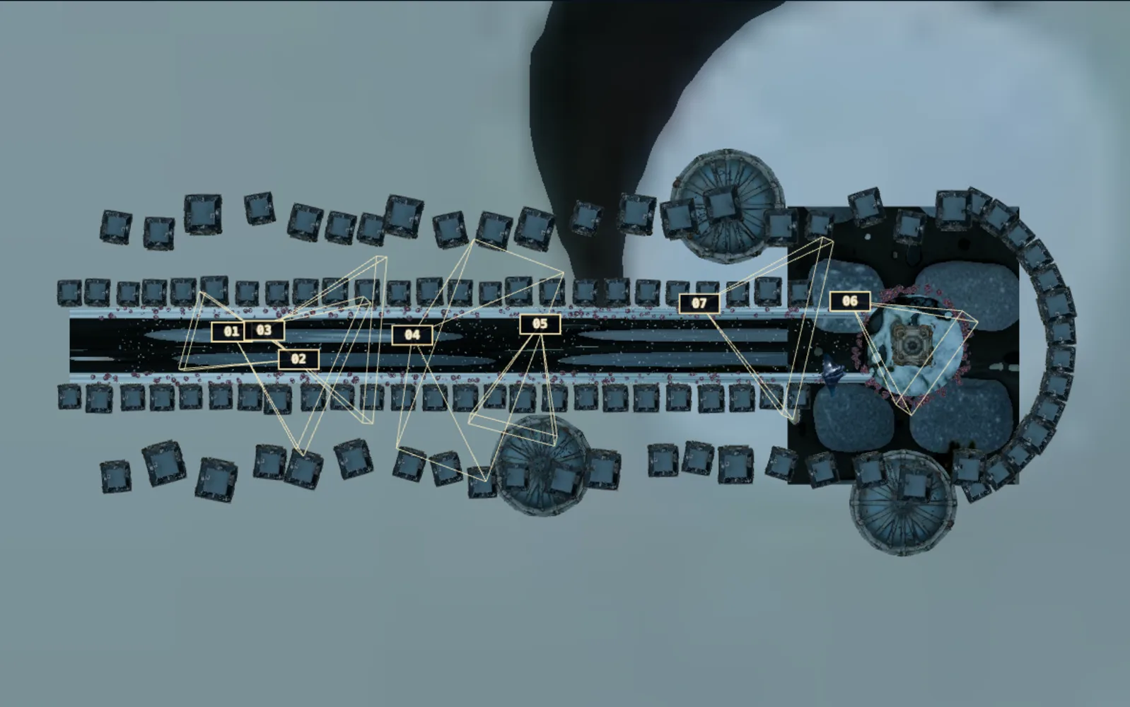 Top-down plan of the set: the street running north to the clock tower, building footprints either side, and the seven shot cameras as numbered gold wedges