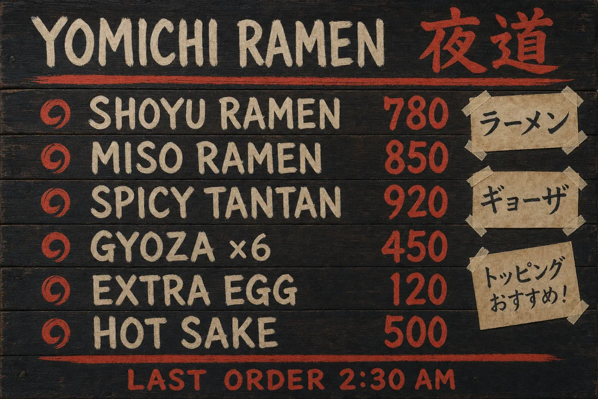 Hand-painted YOMICHI RAMEN menu board with prices and LAST ORDER 2:30 AM