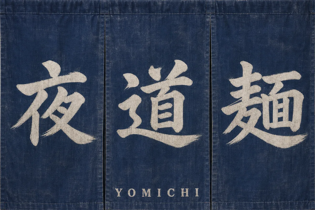 Indigo noren curtain with the characters 夜 道 麺