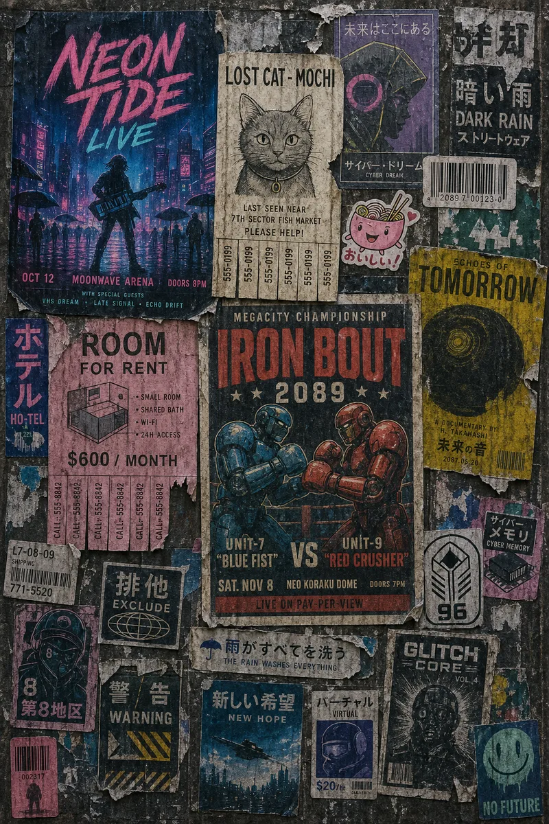 A wall of torn posters and stickers for invented gigs, fights and bars