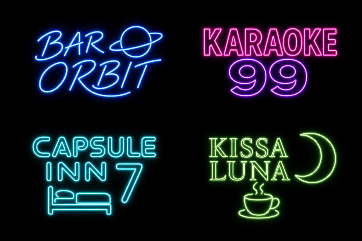 Four neon signs in one sheet: BAR ORBIT, KARAOKE 99, CAPSULE INN 7 and KISSA LUNA