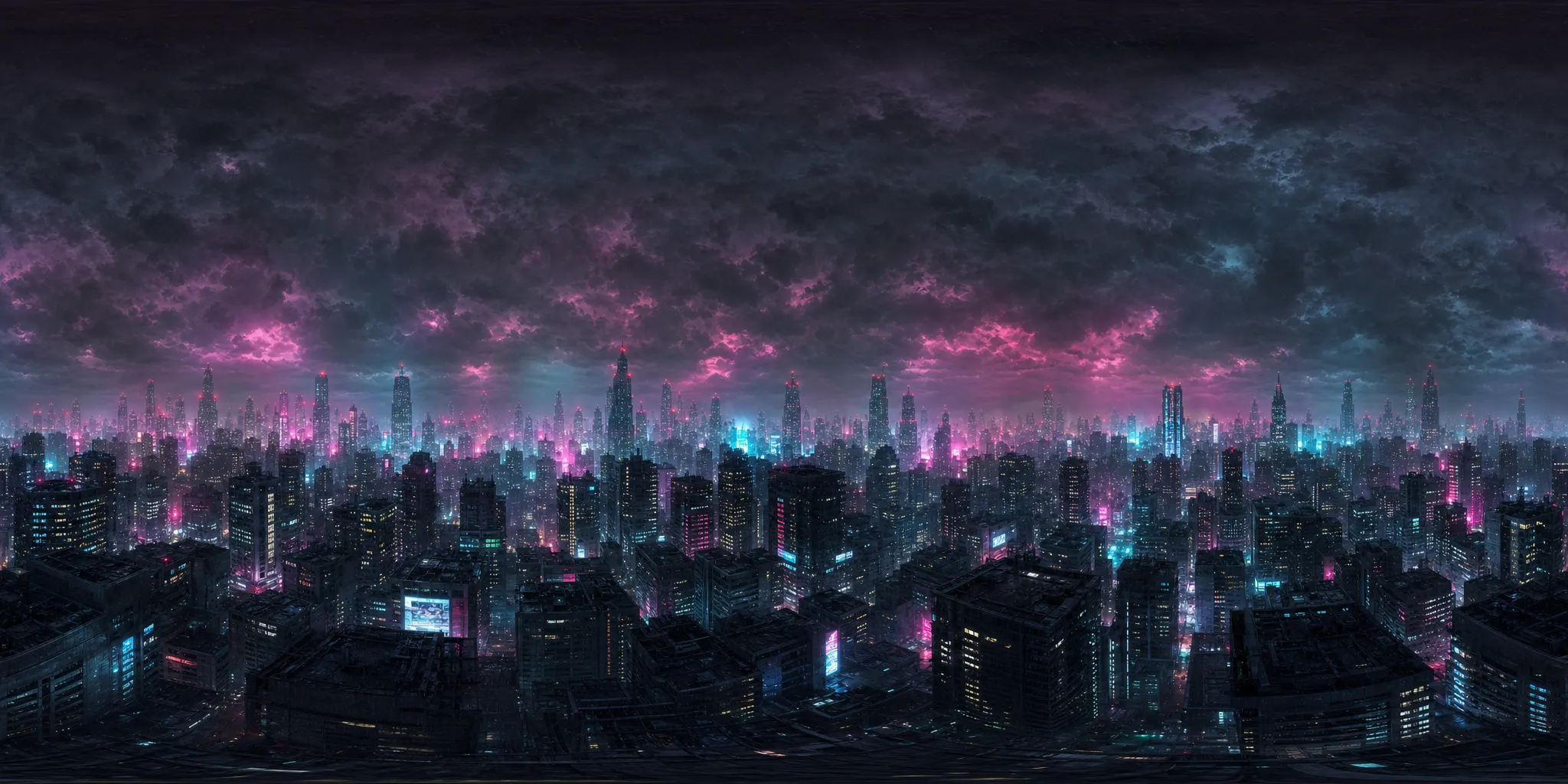 Equirectangular night sky: magenta and cyan lit rain clouds over a distant city skyline