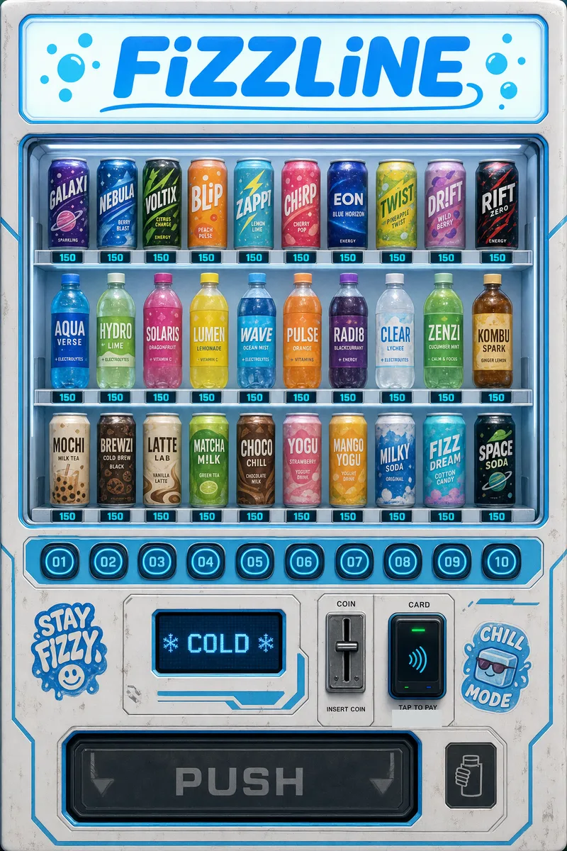 Front of a FIZZLINE drinks vending machine with invented cans and a PUSH button