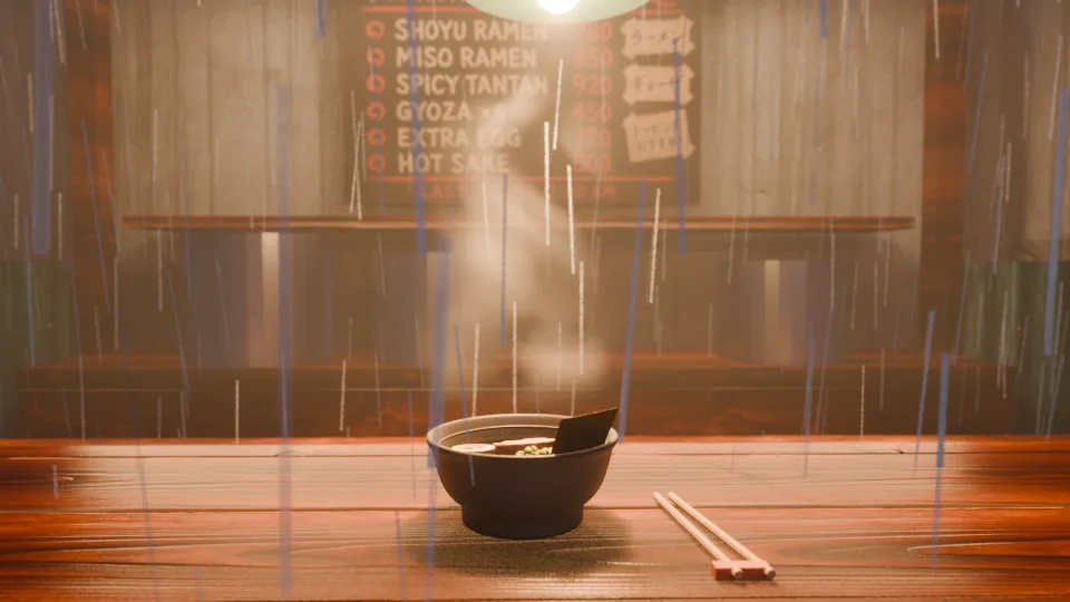 Test render of the last frame: rain falling inside the stand, an orange counter and a flat, dark bowl
