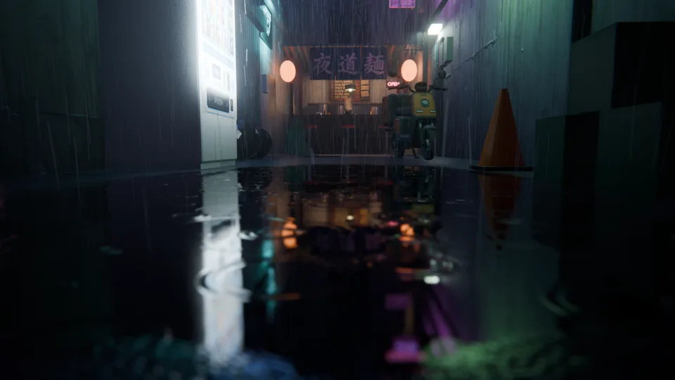 Final frame 1: the alley fills the top half and its reflection fills the bottom