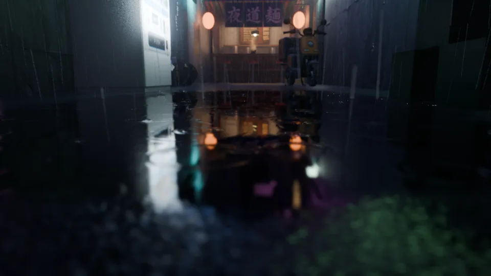 Test render of frame 1: a dark, murky puddle with little to read