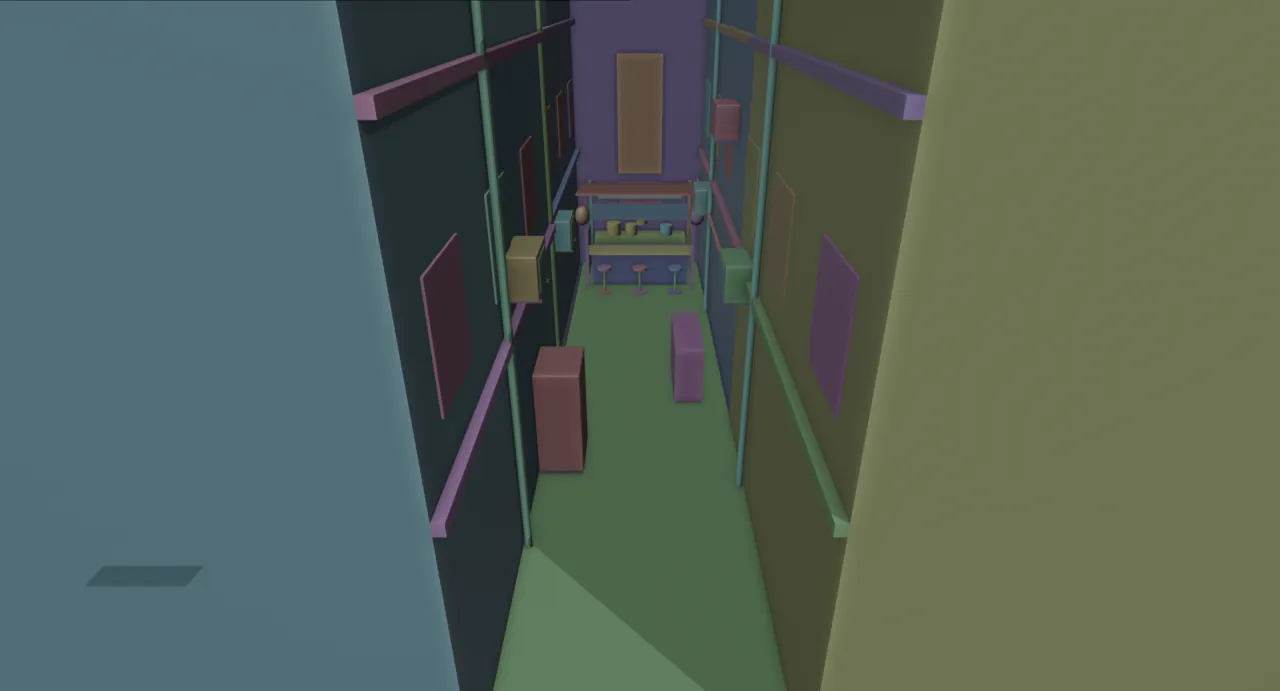 Step 30 of the build: the same alley as flat coloured blocks