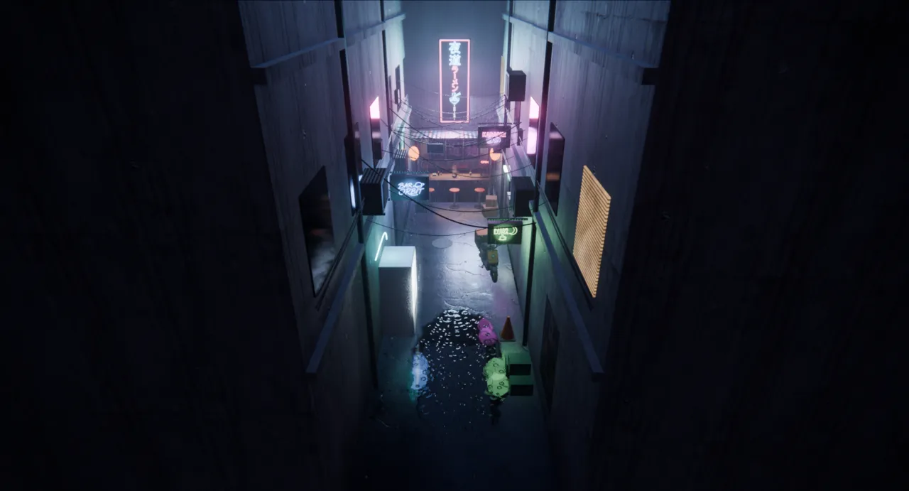 Step 151 of the build, seen from above: the lit alley with neon signs, wet ground and the stand at the end