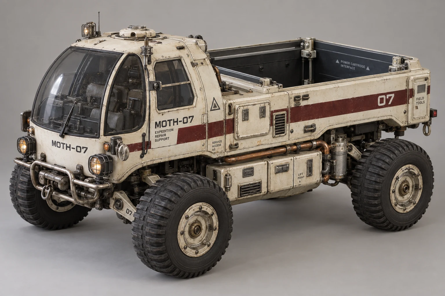 Sunburst concept of the ivory MOTH-07 rover with an open rear service bay