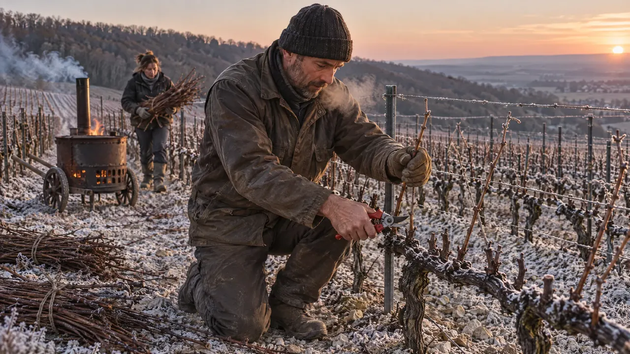 A vine grower pruning in the frost at dawn, a brazier of vine cuttings smoking behind him