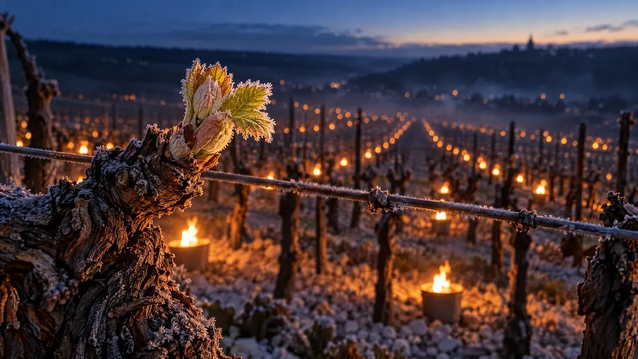 Budburst before dawn, frost candles burning between the rows