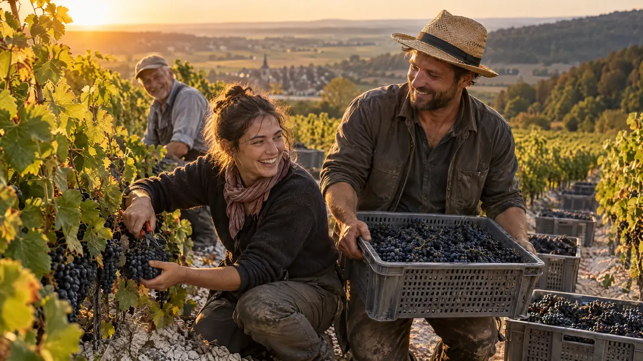Hand harvest at golden hour: pickers laughing over small crates of black Pinot Noir
