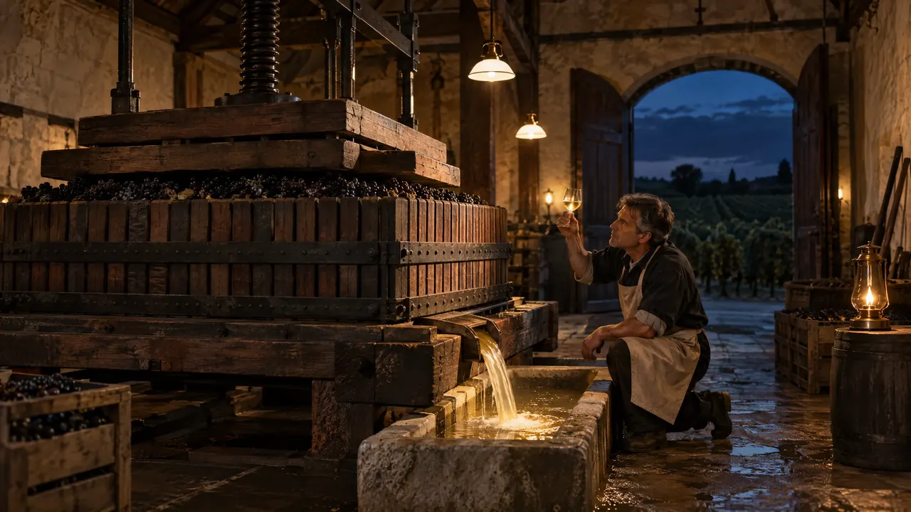 The evening pressing in the old press house: lamplight, the first juice running pale gold into a stone basin