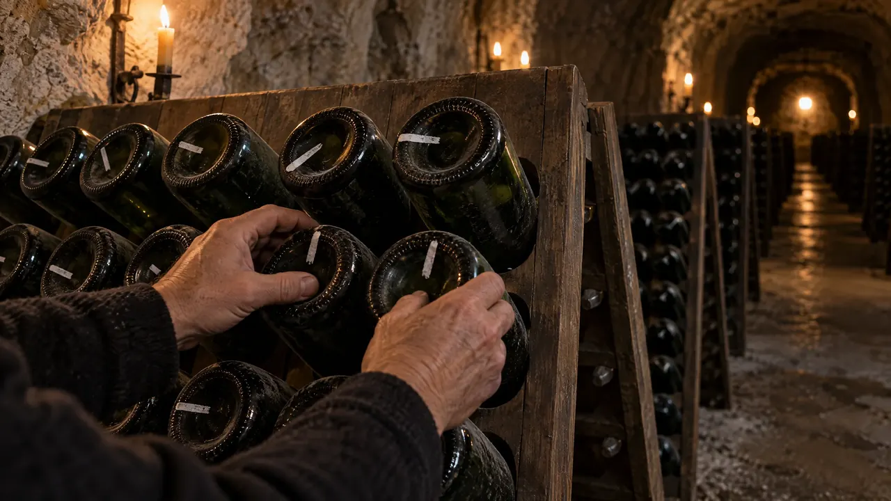 A riddler's hands turning bottles on a wooden pupitre in the candle-lit chalk