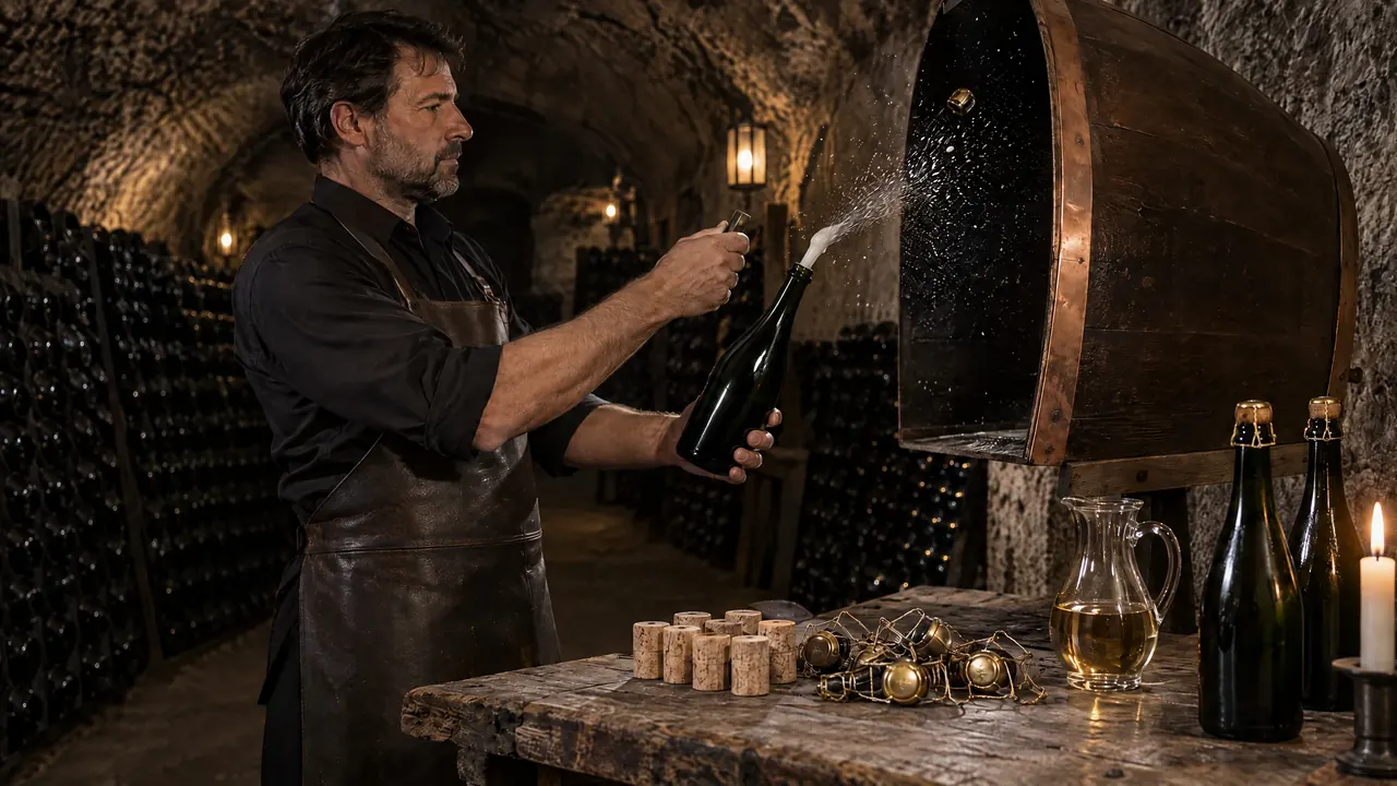 Dégorgement à la volée in the cellar, a spray of foam leaving the bottle's neck
