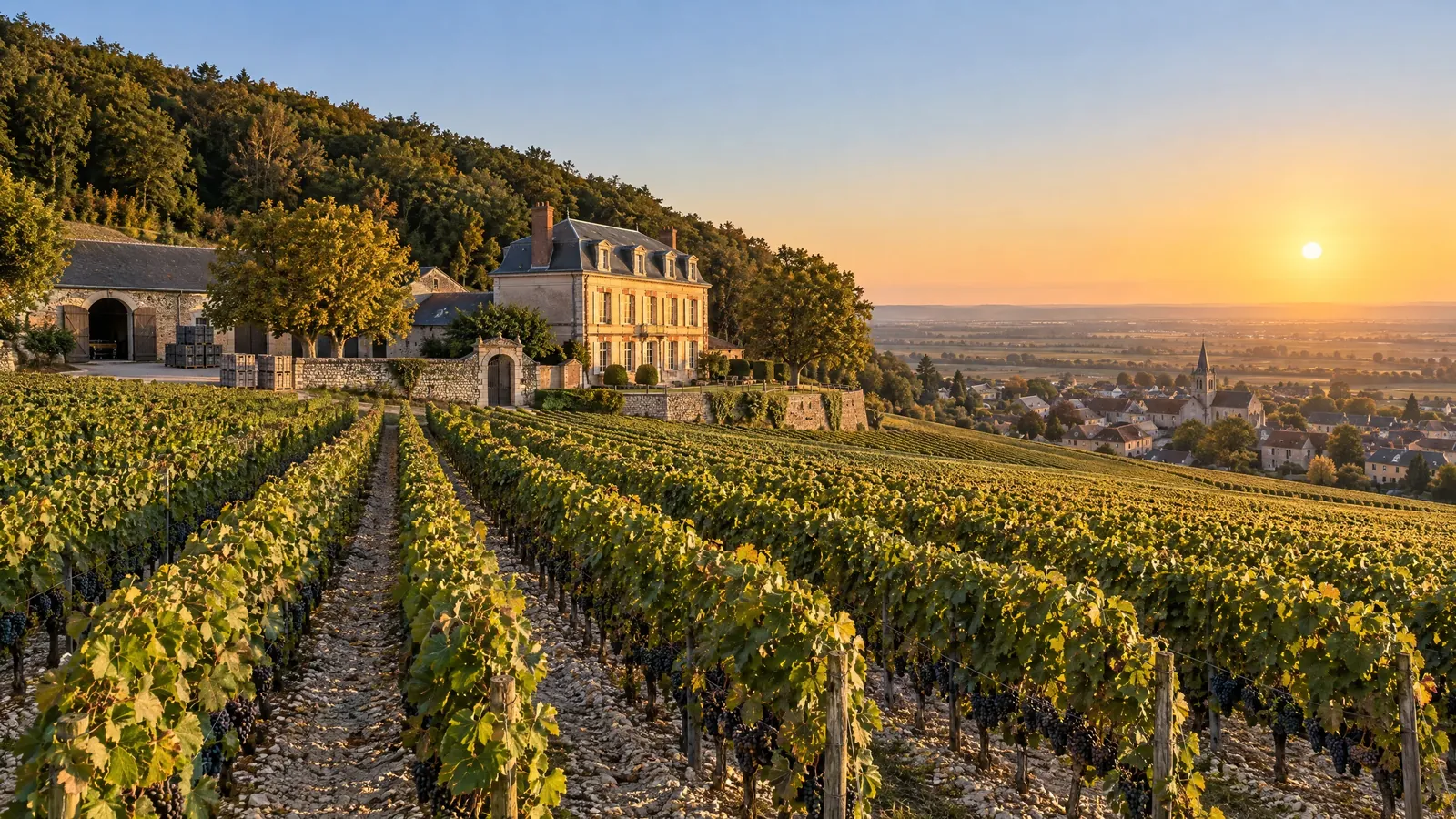 The Vesprée manor and its press house on the slope of the Montagne de Reims, vines falling towards the plain as the evening light turns gold