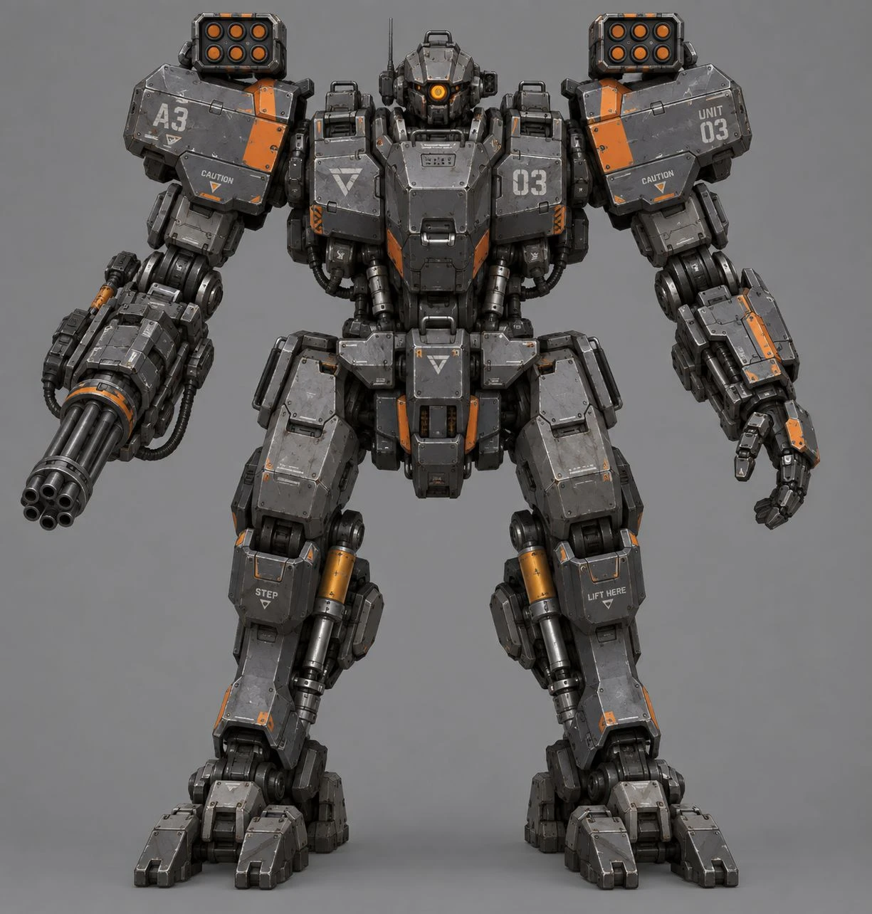 Gray and orange mecha with a gatling arm and missile pods