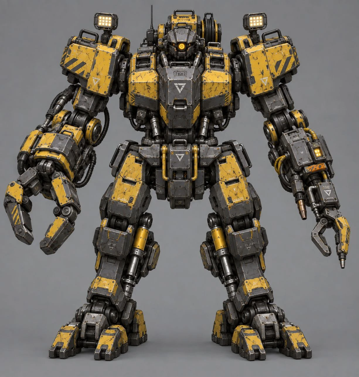 Yellow worksite mecha with a claw arm and floodlights