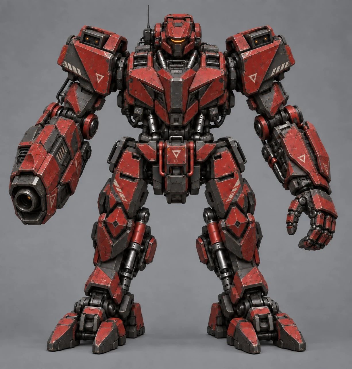 Red armored mecha with an arm cannon and a heavy fist