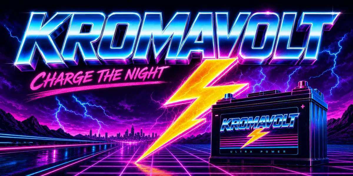 Billboard: KROMAVOLT, Charge the night, a lightning bolt in cyan chrome