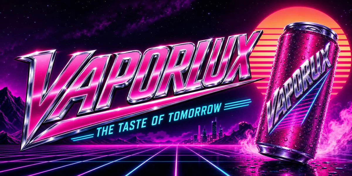 Billboard: VAPORLUX, The taste of tomorrow, a pink soda can in front of a striped sunset